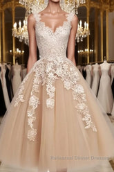 Retro Champagne V-neck Applique Short Semi Formal Prom Dresses, Lace Evening Dresses, Party Dresses